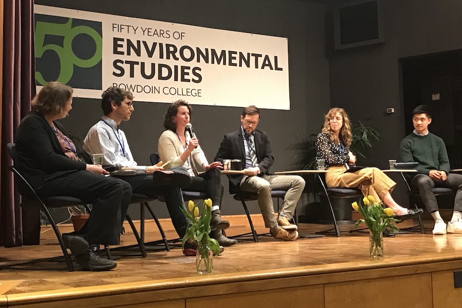 From l-r: Moderator Eileen Johnson; panelists Nat Herz ’09, Emily Guerin ’09, Corbin Hiar ’05, Erica Berry ’14, and moderator Paul Wang ’24