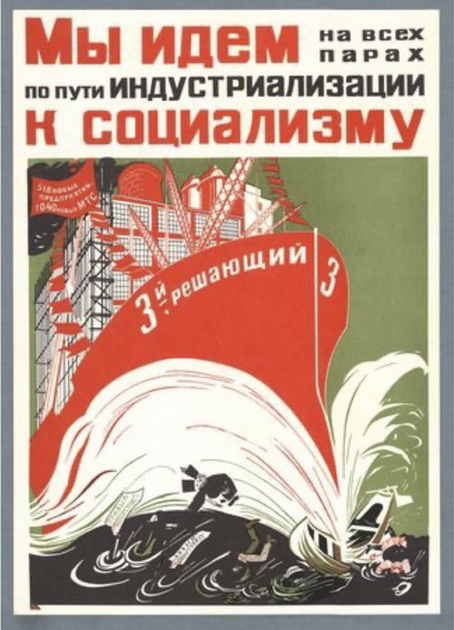 The bow of a large steam ship capsizes small boats and crushes caricatured representatives of Soviet “enemies.”