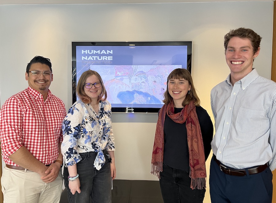 Human Nature curators: l-r, Brandon Lozano ’24,  Sophia Hirst ’24, Hayden Keene ’23, John Auer ’23 (Tess Davis ’24 not pictured).