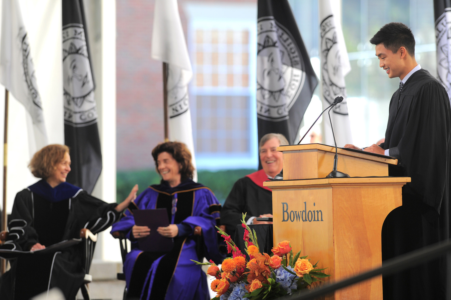 Bowdoin senior Paul Wang '24 delivers remarks on behalf of the student body.