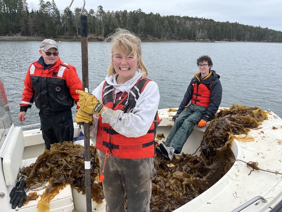 Greta Bolinger ’23 smiling above her kelp harvest