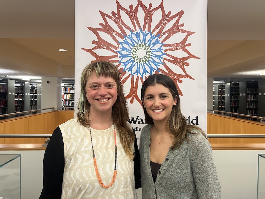 Lizzy Kaplan ’23, right, with Marieke Van Der Steenhoven, Bowdoin's special collections education and engagement librarian