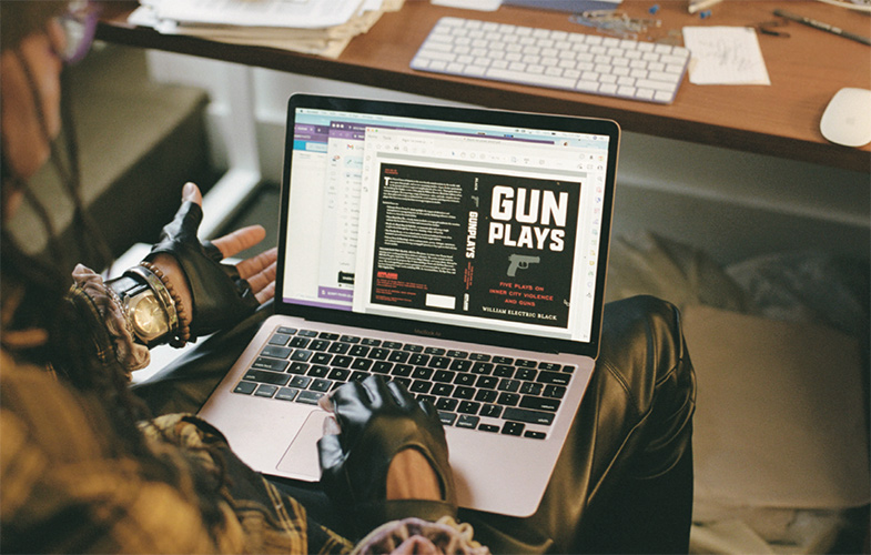 Reviewing the cover of Electric’s soon-to-be-released book, Gunplays: Five Plays on Inner City Violence and Guns (Applause Books, August 2023)