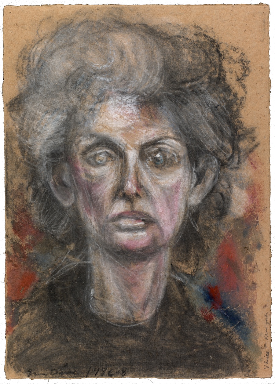 Portrait of Nancy Dine, Venice - New York, 1986, charcoal and pastel on paper,17 3/4 in. x 12 1/2 in. (45.09 cm x 31.75 cm). Bowdoin College Museum of Art, Gift of the Jim Dine Art Trust.