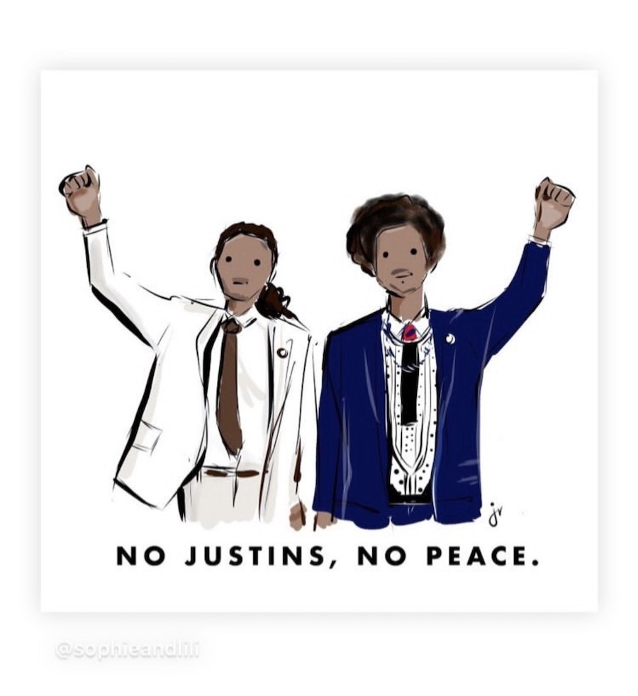 Illustration of the two young representatives expelled from the house with a caption, No Justins, No Peace