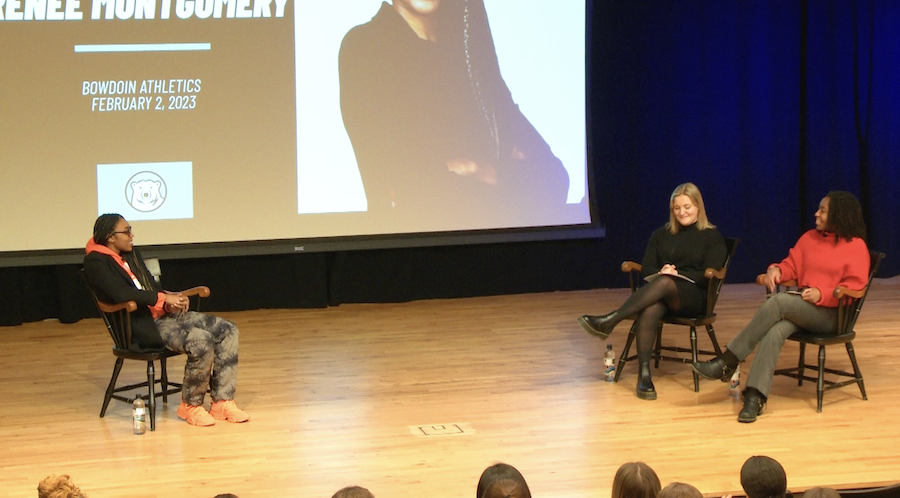 Renee Montgomery with student moderators on Kresge stage