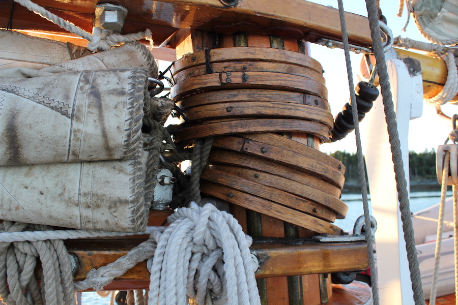 Close-up of wooden sail rings