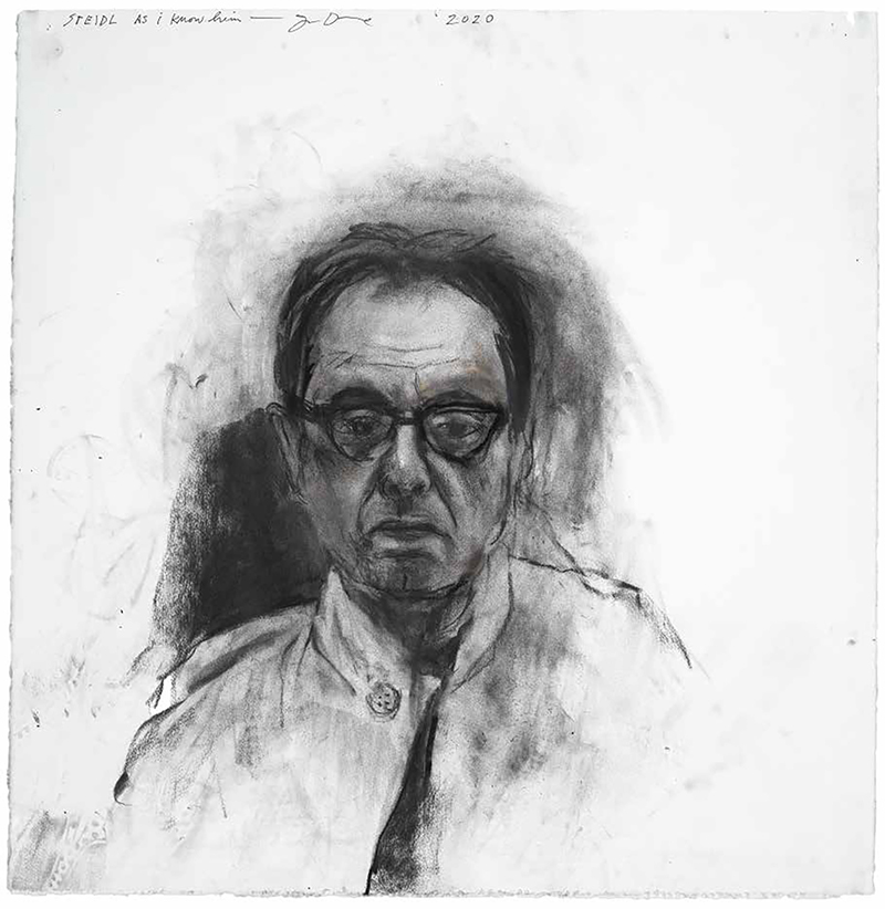 Portrait of Gerhard Steidl, 2020, charcoal on paper, 31 1/8 x 30 1/8 in (79 x 76.5 cm). Bowdoin College Museum of Art, Gift of the Jim Dine Art Trust.