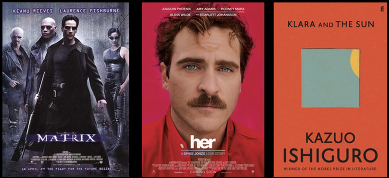 poster images of movies the matrix and 'her' and book cover of 'klara and sun'