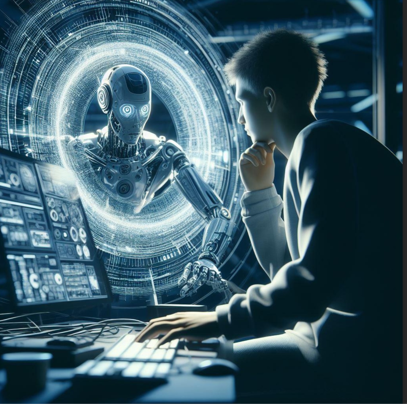 boy seated at computer as robot faces him