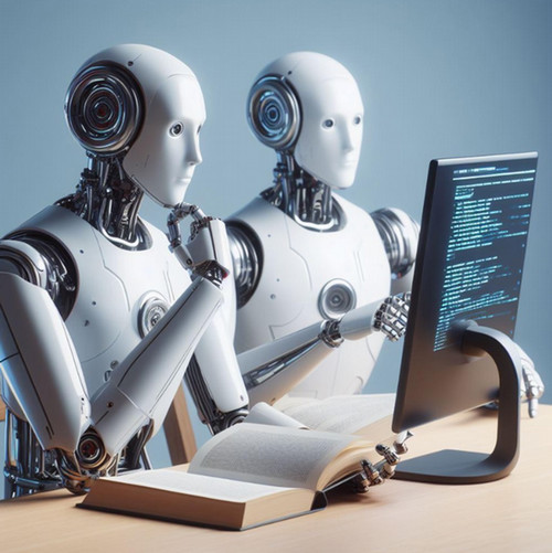 graphic of robots at computer