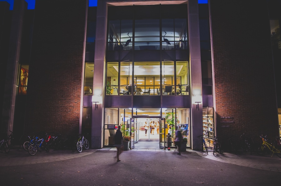 The library entrance at night