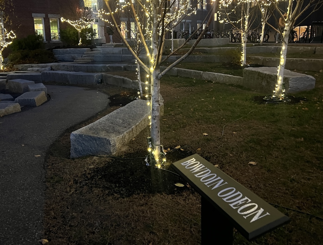 Bowdoin Odeon with its winter lights.