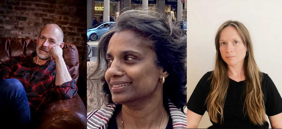 Dead Writers team portraits of Clarke, Chakkalakal, and Barfai