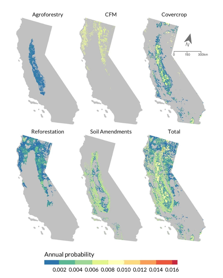 maps of average annual probability of transition to one of the land management interventions, courtesy of Erik Nelson