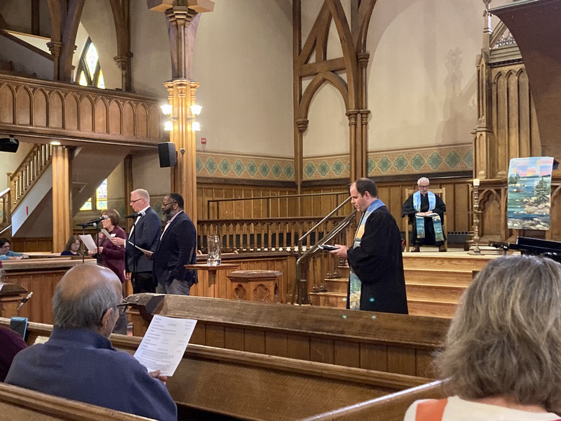 first parish church mlk service featuring bowdoin's jim hoppe and benje douglas