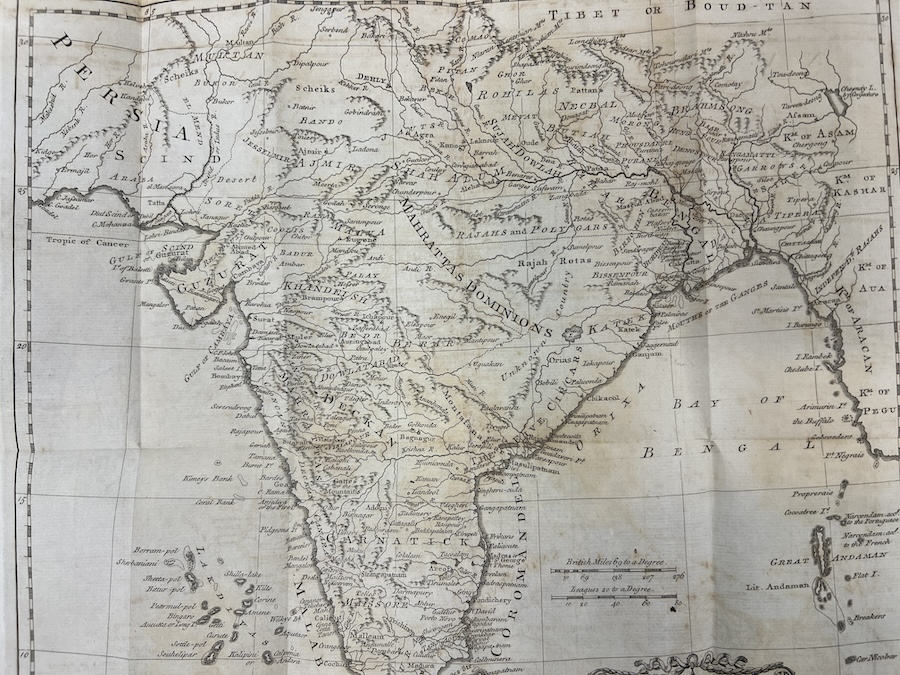 “Map of the European Settlements in the East Indies. By Thos. Kitchin Senr. Hydrogr. to his Majesty” in Raynal, abbé (Guillaume-Thomas-François). A philosophical and political history of the settlements and trade of the Europeans in the East and West Indies / revised, augmented, and published in ten volumes, by the Abbé Raynal; newly translated from the French, by J.O. Justamond, F.R.S., with a new set of maps adapted to the work and a copious index; in eight volumes. London: Printed for W. Strahan; and T. Cadell, 1783. Call #: D22 .R2613 1783 v.2
