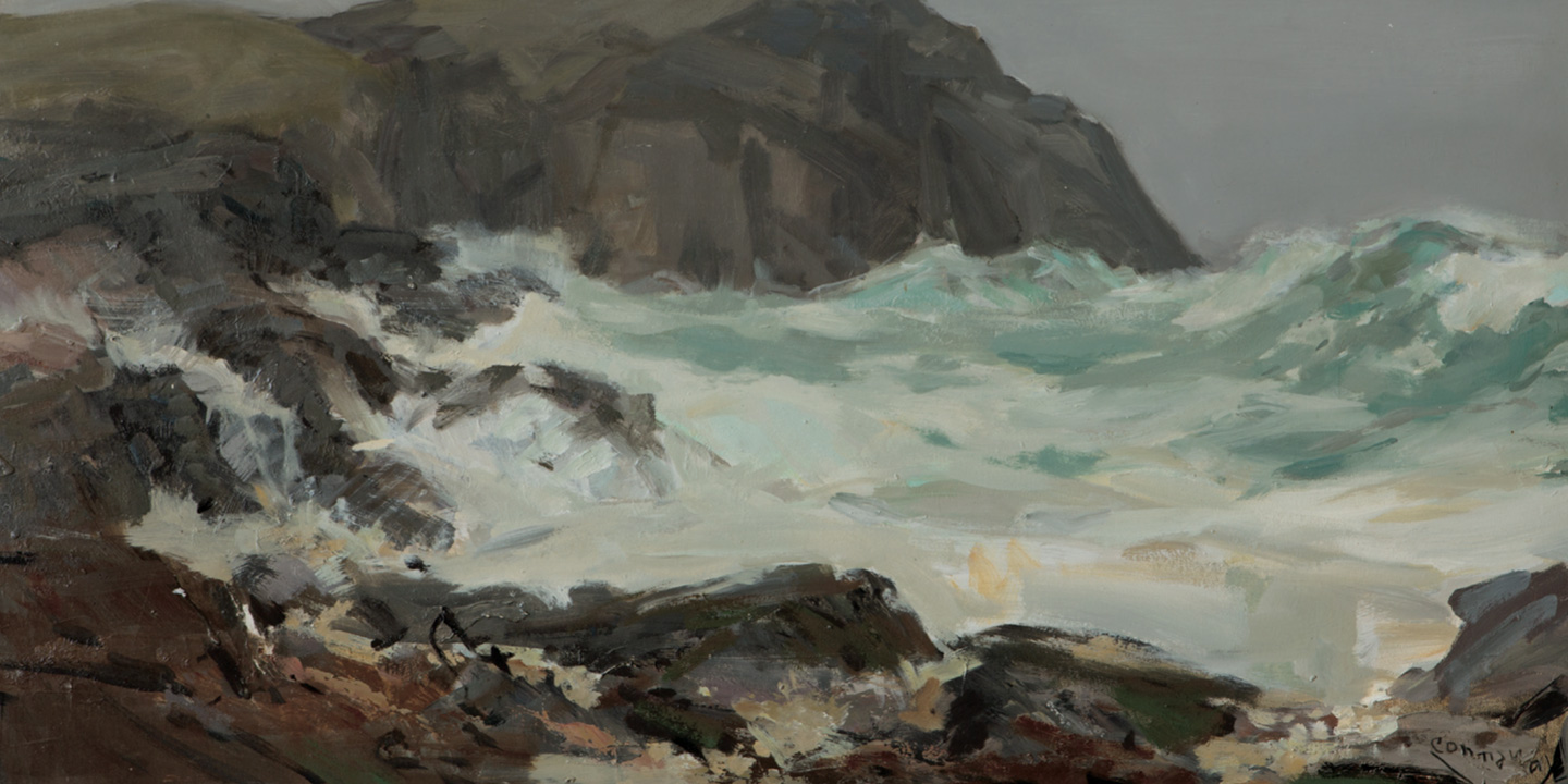 Jay Hall Connaway, Seas at White Head, Monhegan, ca. 1940. The cliffs at White Head are a popular destination for tourist trail hikers and have been captured by artists for centuries.