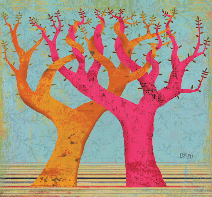 Illustration of two trees intertwined.