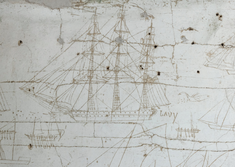 One of the scratched drawings in what Millie called “one of the boys’ rooms.” The Pettengills had covered the drawings with wallpaper that was removed when the Smiths learned of the drawings from Millie after they had purchased the house.