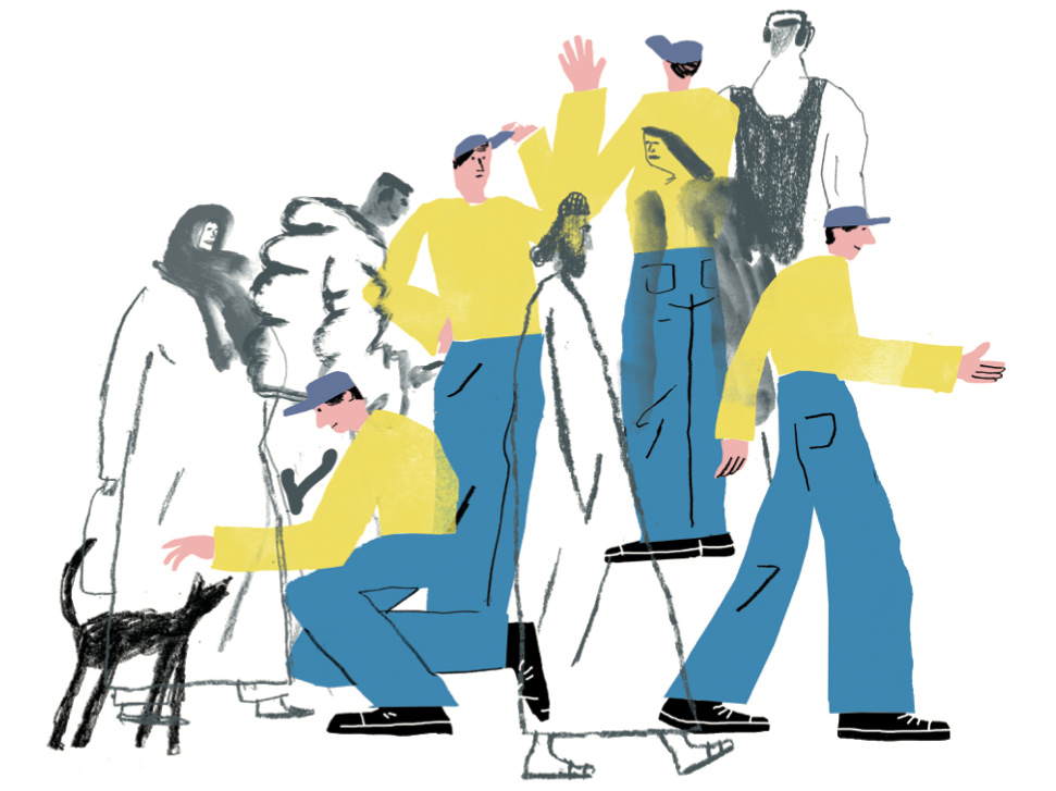 Illustration of someone meeting many people.