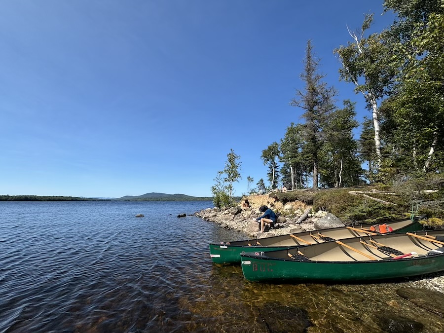 quiet scene of canoes on a shore