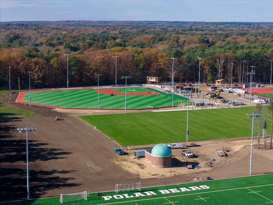 The Benjamin Hill-Lam ’13 Observatory in its new location in the middle of the athletic fields.
