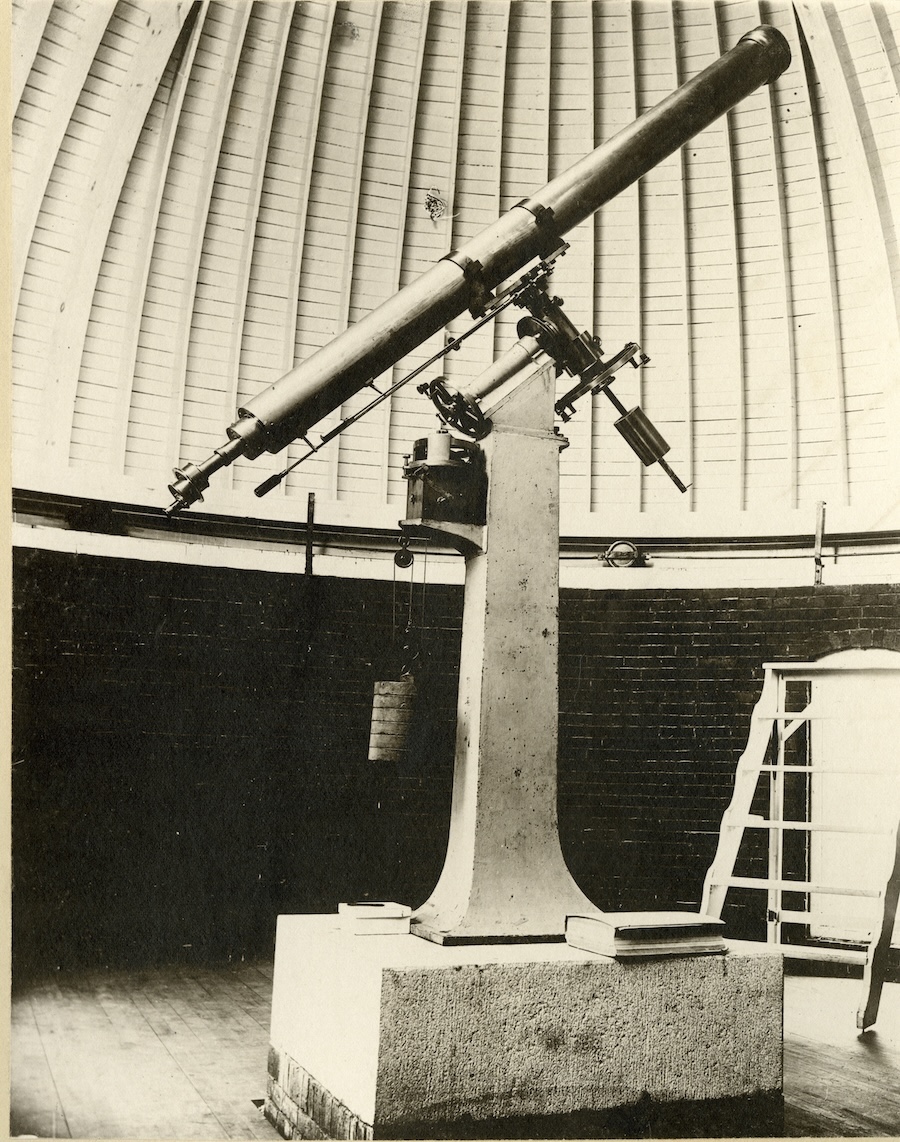 Circa 1900 black and white photo of the brass telescope