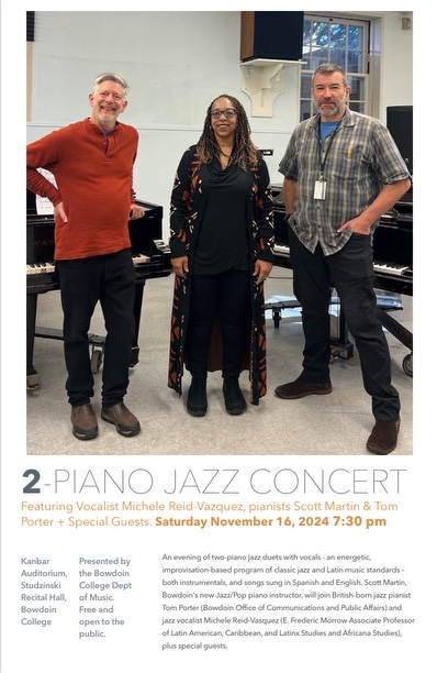 Scott Martin, Michele Reid-Vazquez and Tom Porter in front of pianos