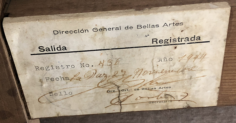 A 1944 registration tag from the Palacio de Belles Artes in Mexico City