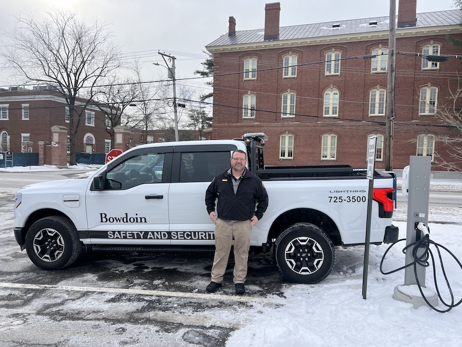 Bowdoin is electrifying sticker on side of truck