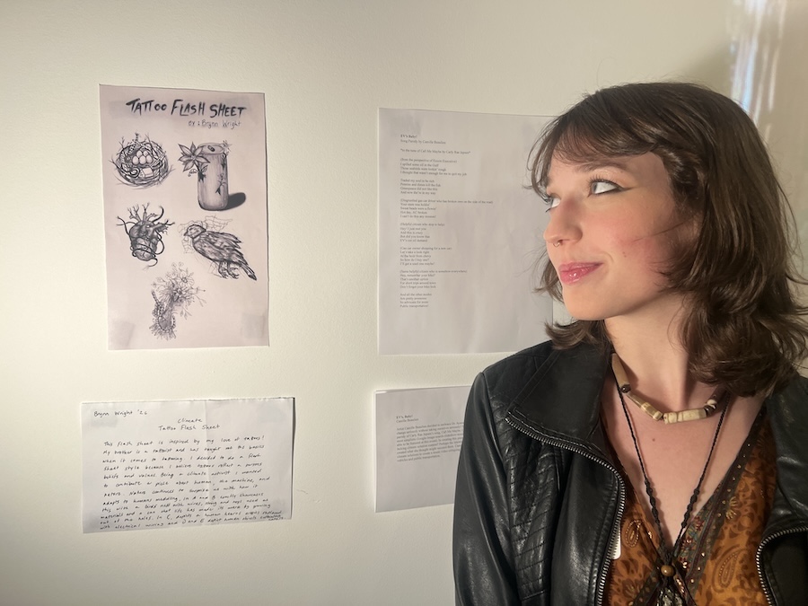 Brynn Wright ’26 created tattoo art for the class, including a nest laced with litter, a noose aorund a flower bouquet, and a heart ensnarled in electrical wire. Tattoo art, she said, “is a way to wear your scars on your body, a way to be at peace with the darkness—like fear and hopelessness—that might be inside you.”