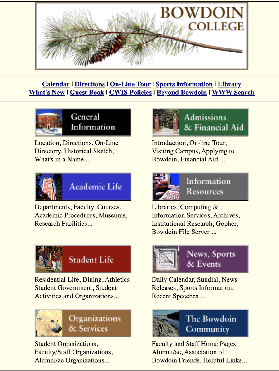 The Bowdoin College first website homepage in 1997.