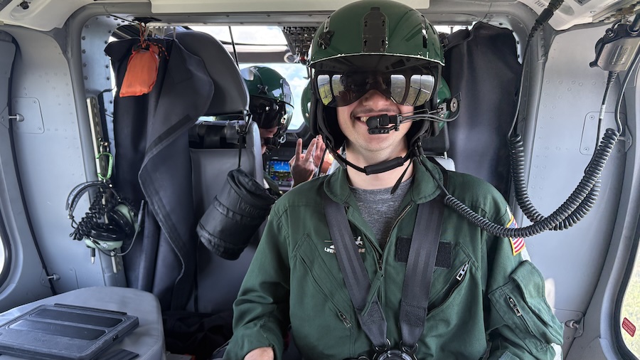 Felipe piloting the helicopter