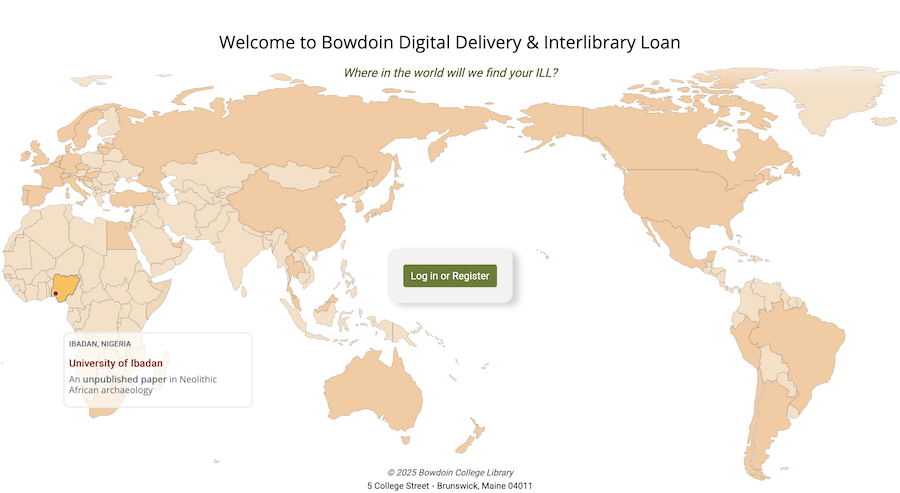 A screenshot of the new interlibrary loan homepage, which shows examples, or “factoids,” as Ben Bockmann calls them, of information that the Bowdoin library has borrowed from other libraries around the world.