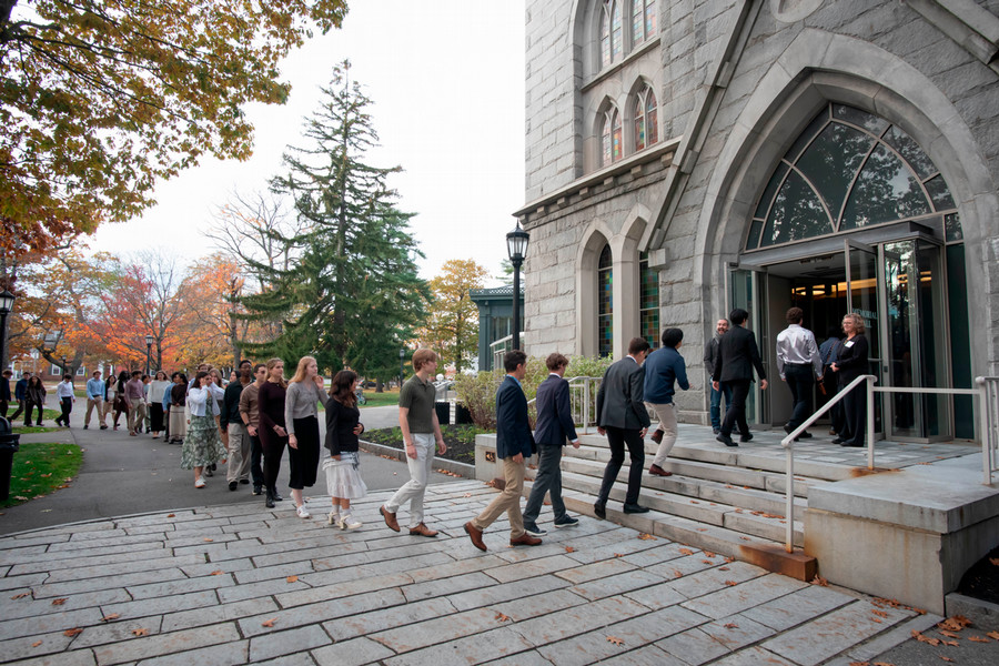 sarah and james bowdoin day 2025 students heading into pickard