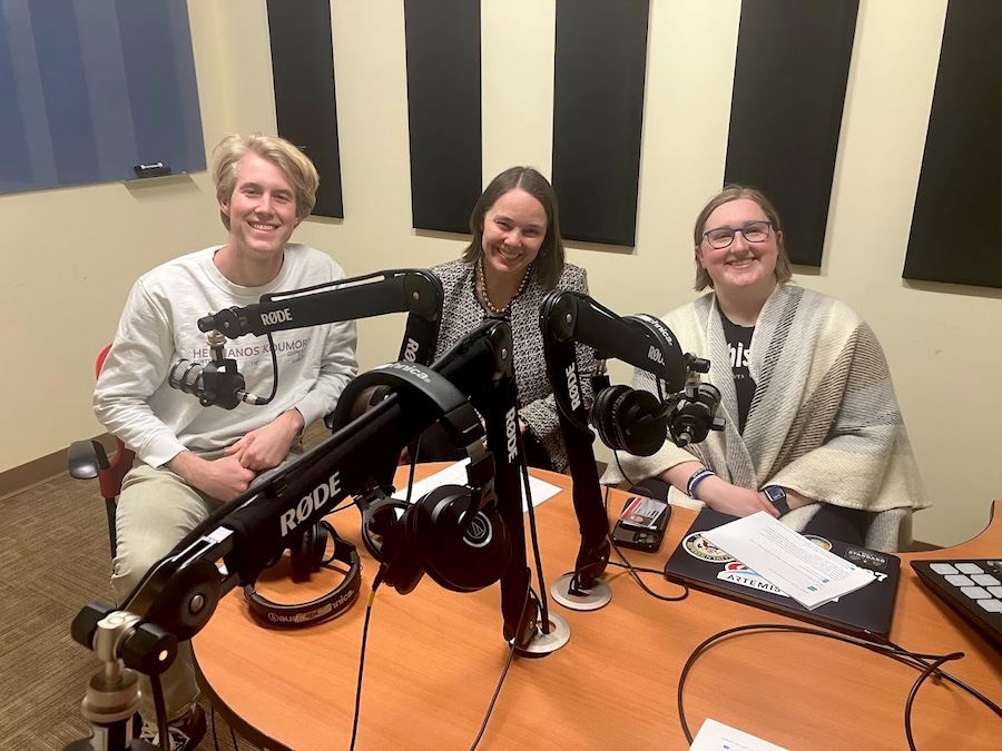 The students in the recording studio with Shenna Bellows.