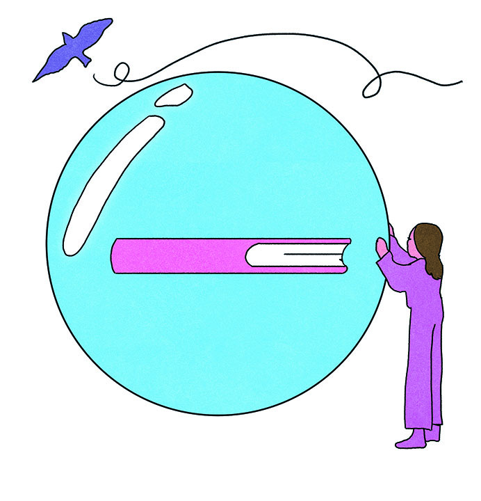 A woman presses against a bubble containing a book. Illustration by María Medem