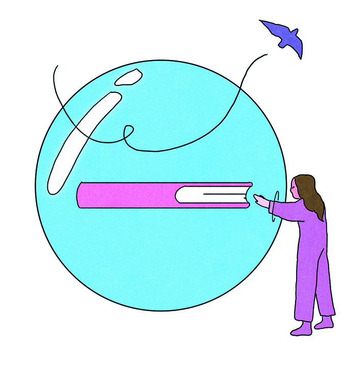 The woman is finally able to push through the bubble, but still hasn't quite reached the book yet. Illustration by María Medem