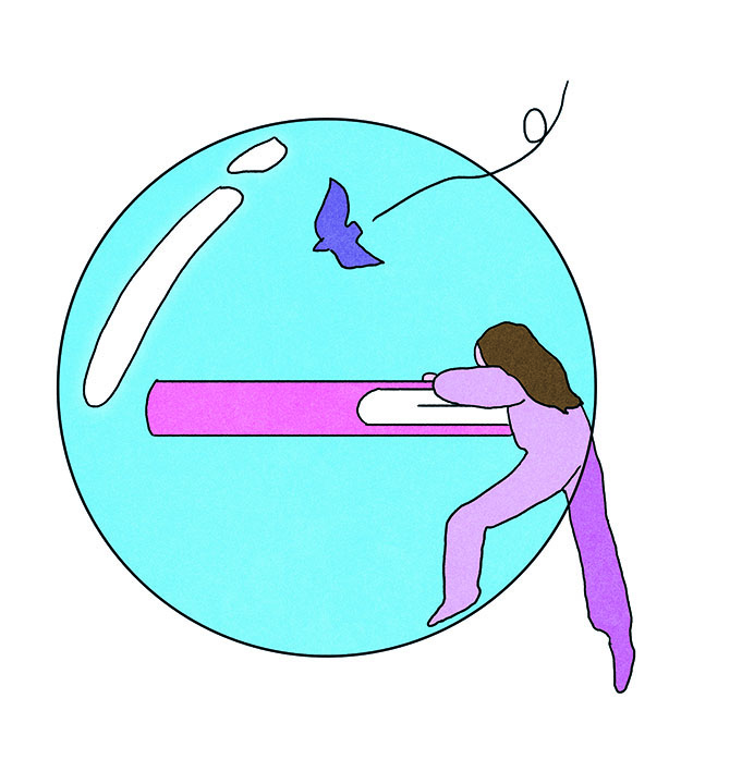 The woman starts climbing her book. Illustration by María Medem