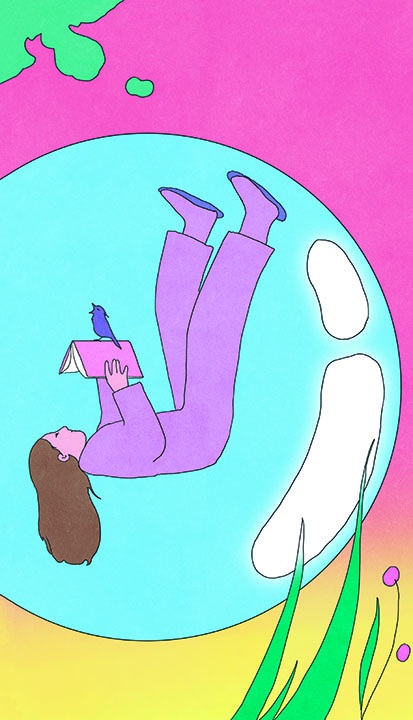 The woman is able to focus on her book and only her book. Illustration by María Medem