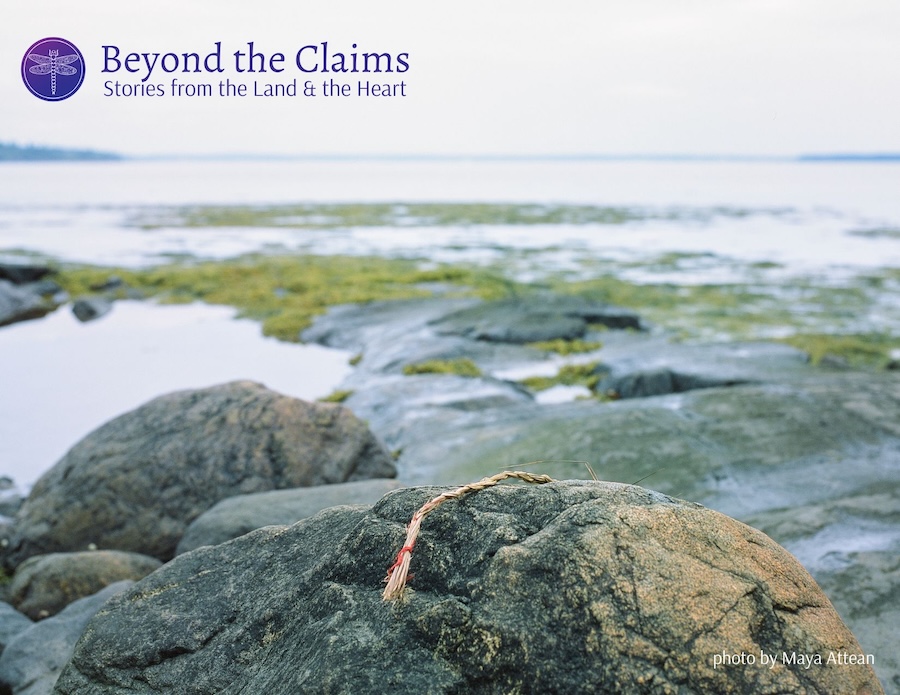 The cover of the new book, Beyond the Claims: Stories of the Land and Heart. Cover photograph by Maya Attean.