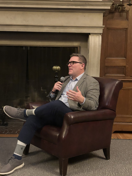 john boerstler talks to students at vets event in moulton main lounge