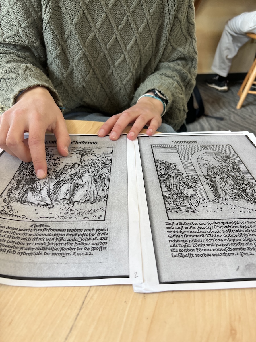 Frances Trafton points to an illustration