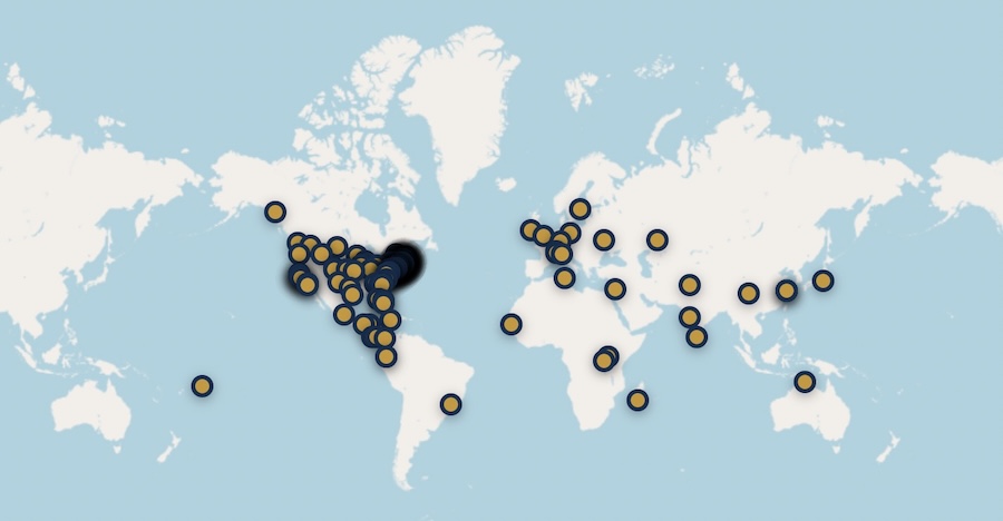 Global map showing internship locations
