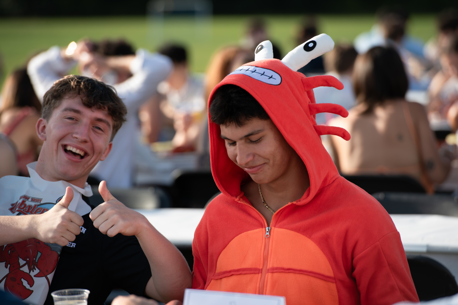 A Bowdoin soccer player wearing a lobster... onesie?