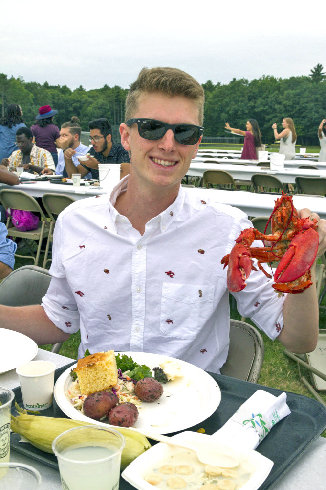 A Bowdoin student in a lobster shirt... with fries?
