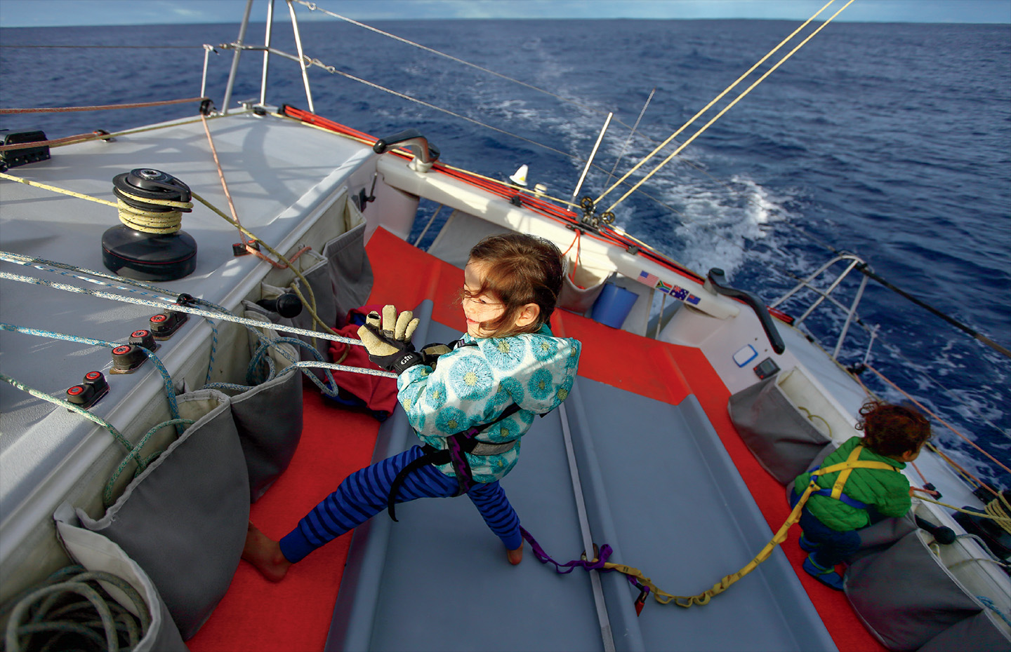 Tormentina, four, and Raivo, one, on day twenty-nine of a 2012 thirty-day nonstop passage between Simons Town, South  Africa, and Fremantle, Western Australia.