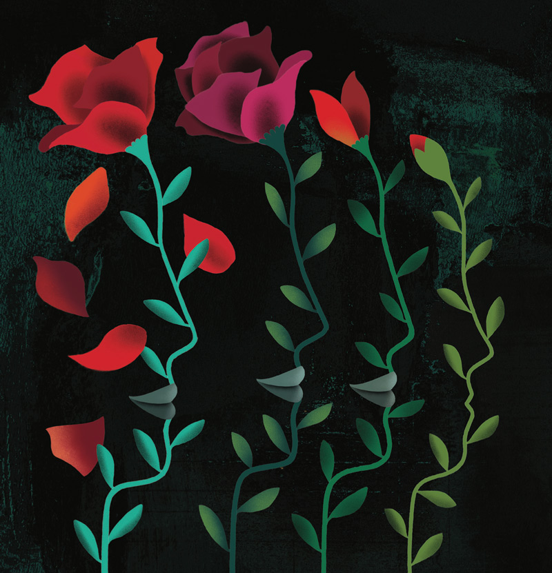 An illustration of roses and vines.
