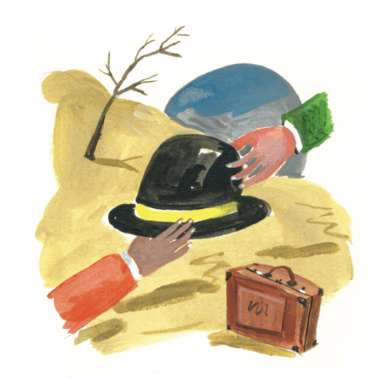 Illustration of an actor receiving a prop hat